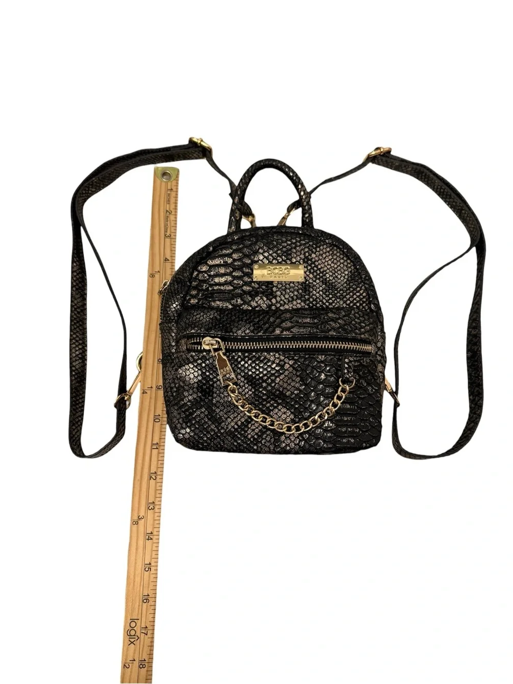 BCBG Mini Black Snake-Embossed Backpack with Gold Chain Detail